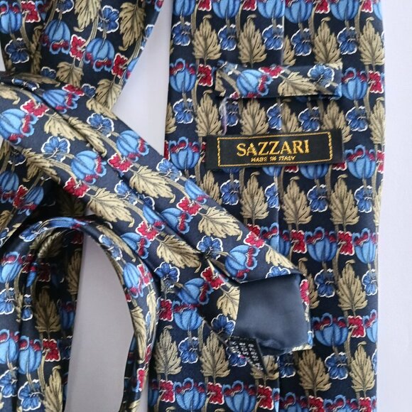 Sazzari Men's Necktie Silk Made in Italy Formal Blue Green leaf red flower 4X57" - Picture 2 of 5